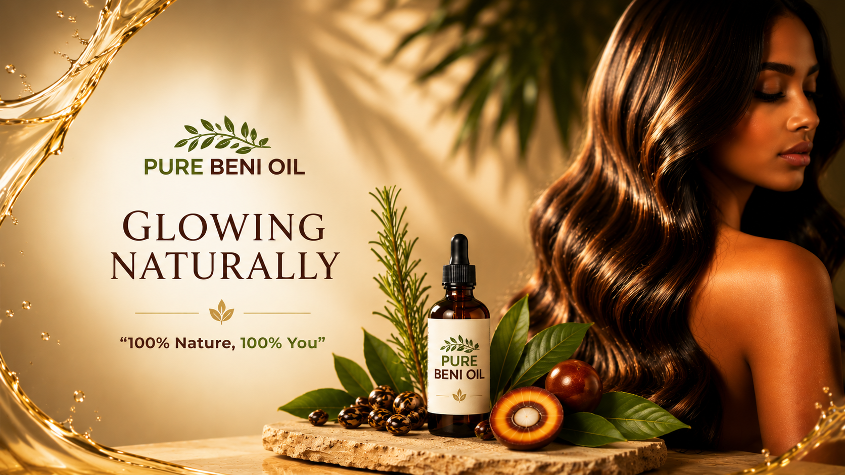 Luxury botanical hair growth oil with glowing healthy hair by Pure Beni Oil