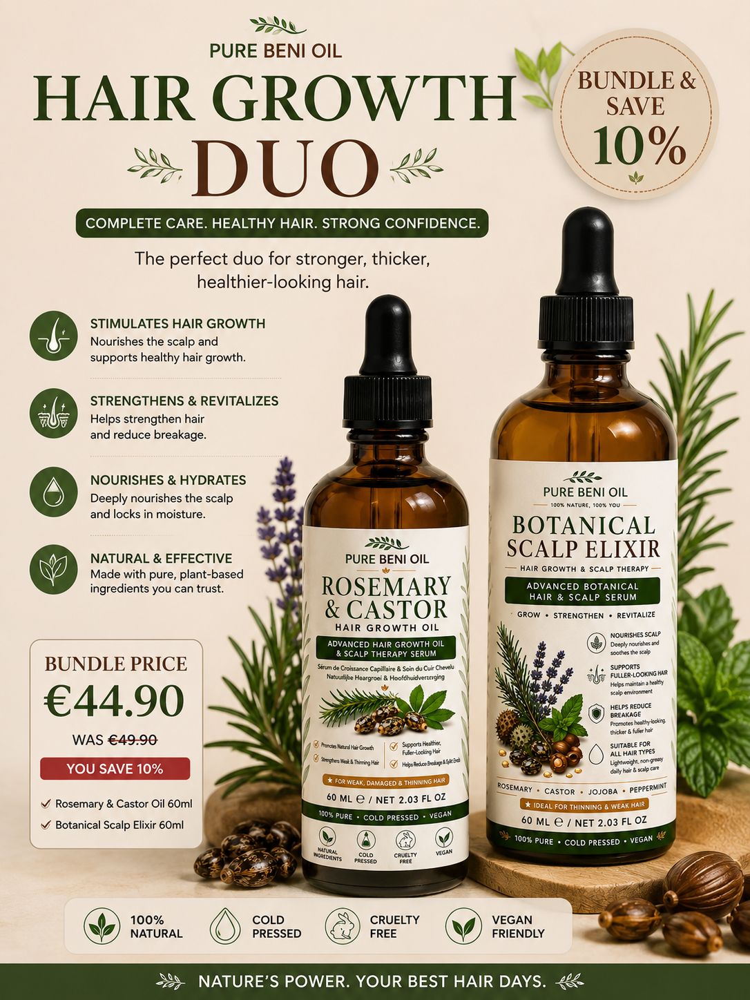 "PURE BENI OIL Hair Growth Duo Bundle featuring Rosemary & Castor Hair Growth Oil and Botanical Scalp Elixir with 10% discount. Natural hair growth routine designed to nourish the scalp, strengthen weak hair, reduce breakage, and promote thicker, healthier-looking hair."