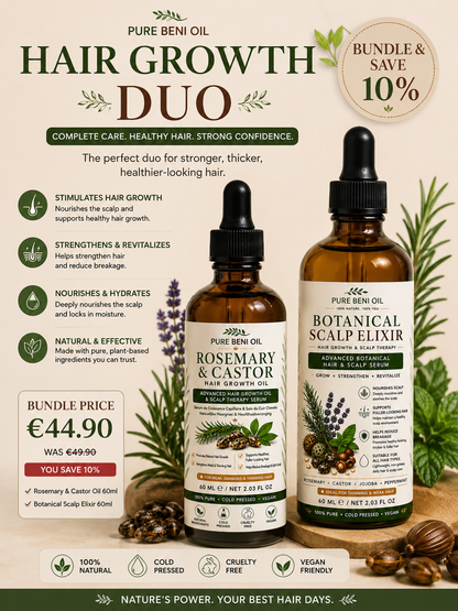"PURE BENI OIL Hair Growth Duo Bundle featuring Rosemary & Castor Hair Growth Oil and Botanical Scalp Elixir with 10% discount. Natural hair growth routine designed to nourish the scalp, strengthen weak hair, reduce breakage, and promote thicker, healthier-looking hair."