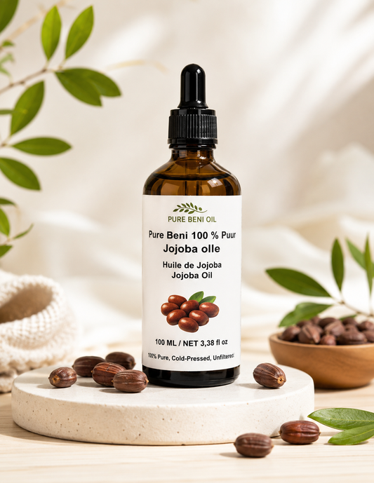 PURE BENI 100% Pure Organic Jojoba Oil in a natural jojoba desert landscape. Cold-pressed jojoba oil rich in vitamin E for healthy skin, nourished scalp and shiny hair.