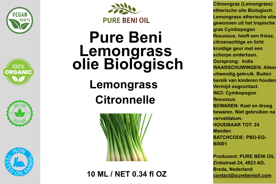 Pure Beni Lemongrass Essential Oil displayed in a luxury botanical setting with fresh lemongrass, highlighting natural aromatherapy and wellness benefits.