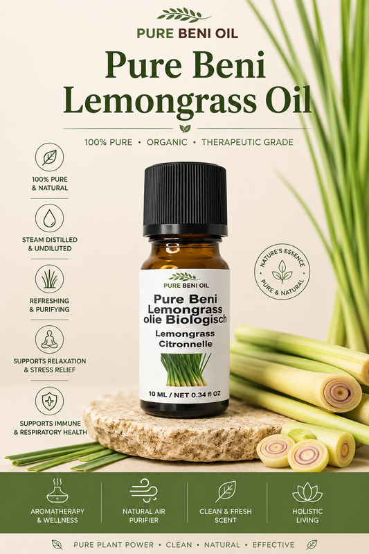 Pure Beni Lemongrass Essential Oil displayed in a luxury botanical setting with fresh lemongrass, highlighting natural aromatherapy and wellness benefits.

