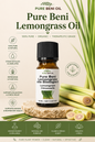 Pure Beni Lemongrass Essential Oil displayed in a luxury botanical setting with fresh lemongrass, highlighting natural aromatherapy and wellness benefits.
