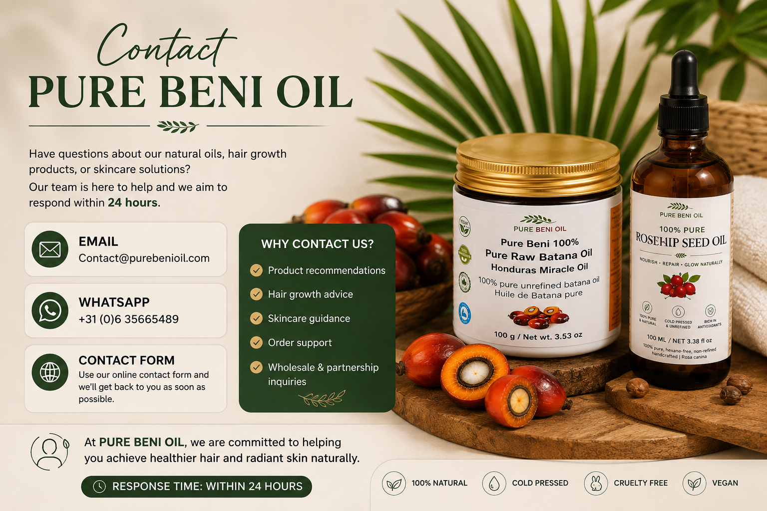 PURE BENI OIL contact page featuring Batana Oil and Rosehip Seed Oil products, customer support information, hair growth advice, skincare guidance and natural beauty solutions.