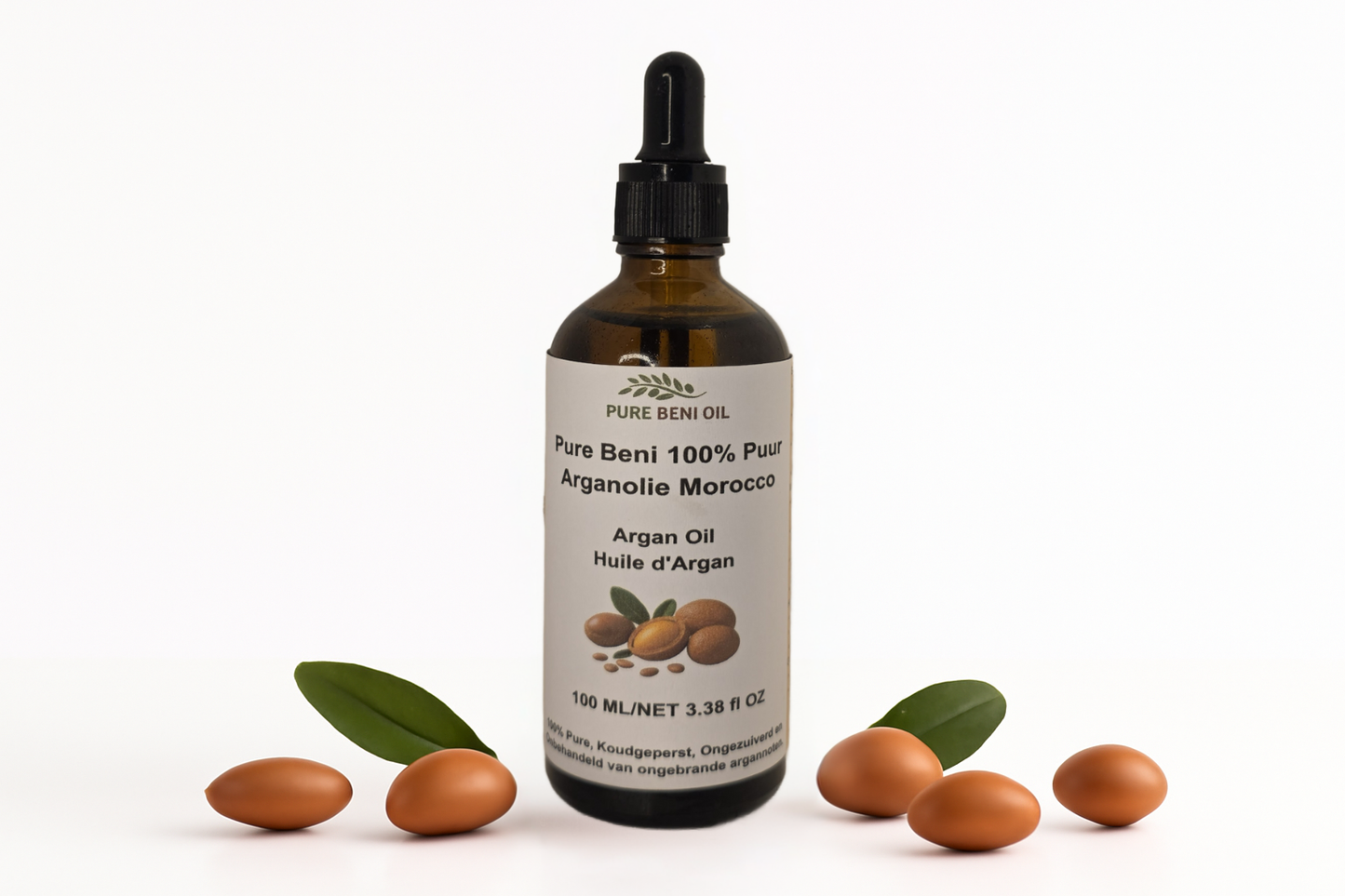 alt="PURE BENI Organic Cold Pressed Argan Oil bottle for anti-aging and hair repair"