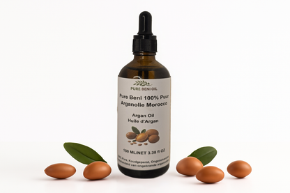 alt="PURE BENI Organic Cold Pressed Argan Oil bottle for anti-aging and hair repair"
