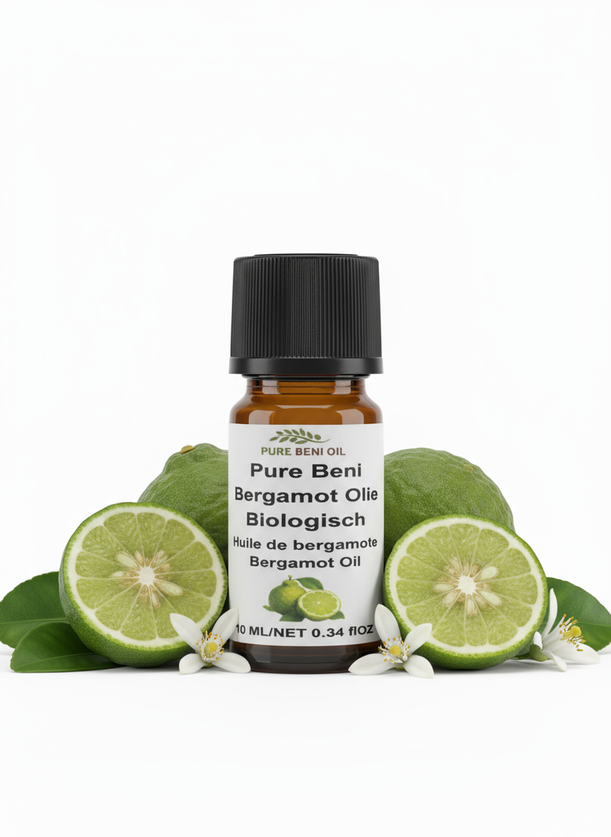 alt="PURE BENI bottle of Organic Bergamot Oil for stress relief and oily skin care"