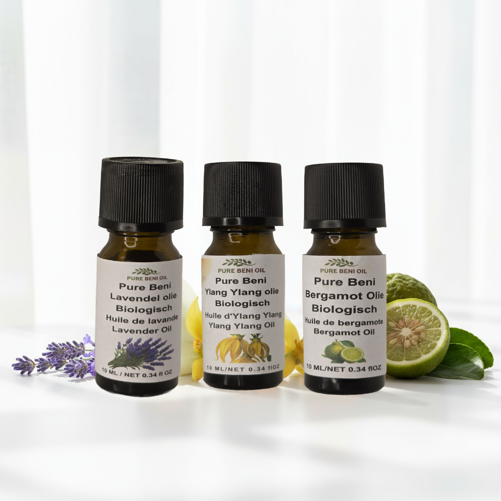 alt="PURE BENI Organic Calm Trio essential oils set for sleep, stress relief, and relaxation"