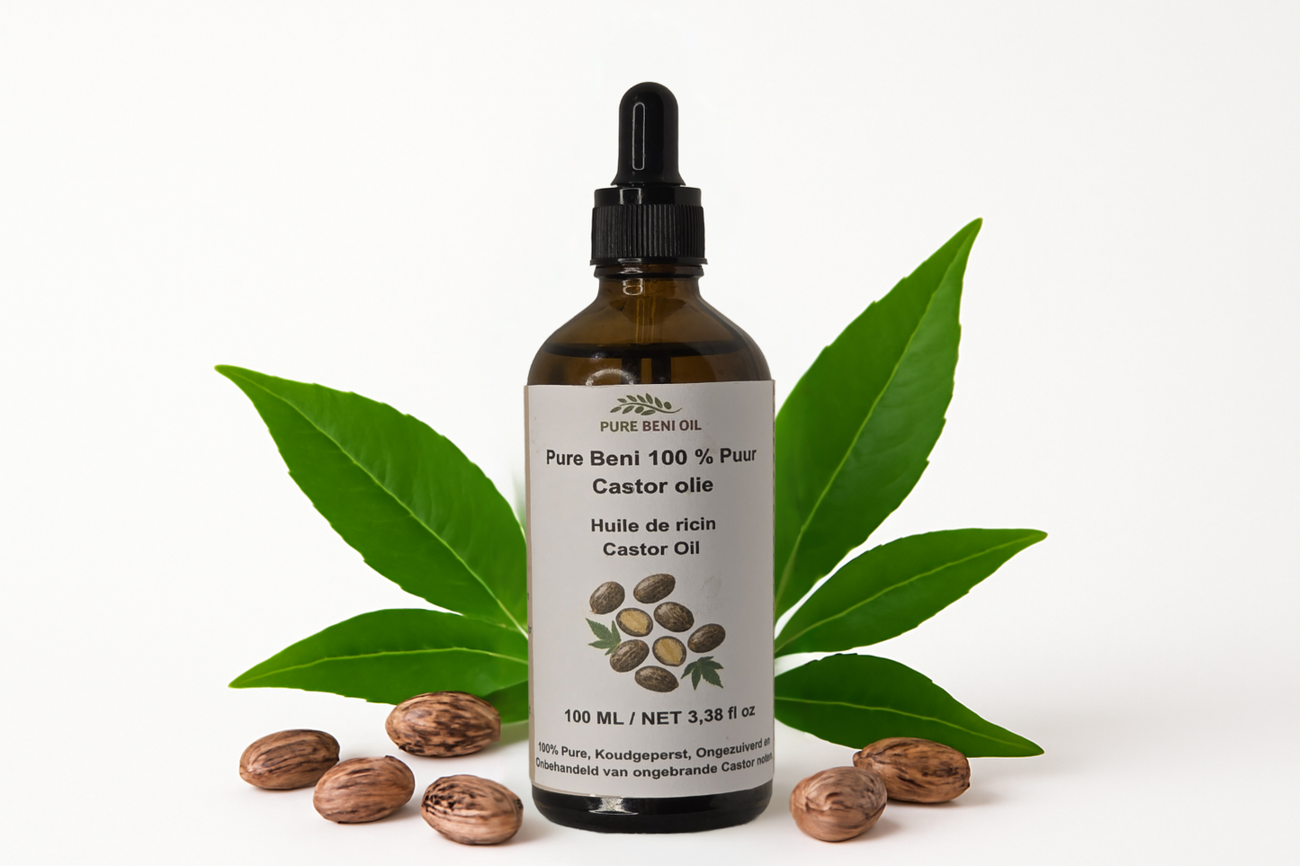 alt="PURE BENI bottle of Organic Cold Pressed Castor Oil for eyelash and eyebrow growth"