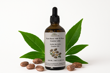 alt="PURE BENI bottle of Organic Cold Pressed Castor Oil for eyelash and eyebrow growth"