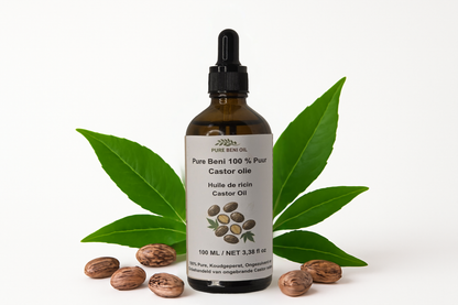alt="PURE BENI bottle of Organic Cold Pressed Castor Oil for eyelash and eyebrow growth"