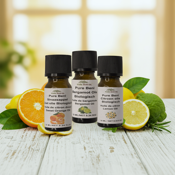 alt="PURE BENI Organic Citrus Joy Trio essential oils set with Sweet Orange, Lemon, and Bergamot for mood and home freshening"