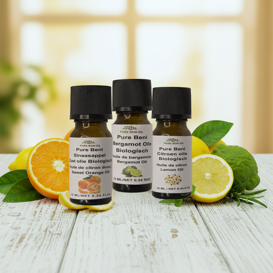 alt="PURE BENI Organic Citrus Joy Trio essential oils set with Sweet Orange, Lemon, and Bergamot for mood and home freshening"