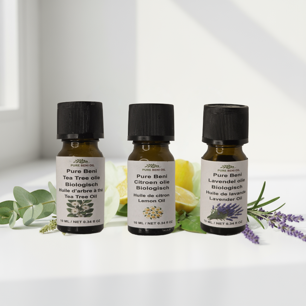 alt="PURE BENI Organic Detox Glow Trio essential oils set with Tea Tree, Lemon, and Lavender for purification and natural cleaning"