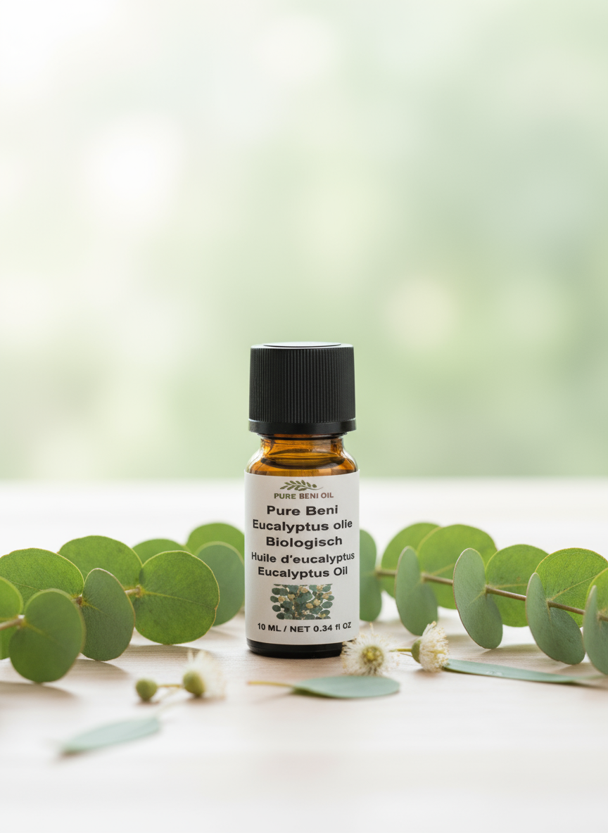 alt="PURE BENI bottle of Organic Eucalyptus Oil for breathing relief during cold season"