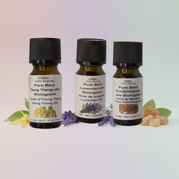 alt="PURE BENI Organic Feminine Harmony Trio essential oils set for hormonal balance and emotional wellness"