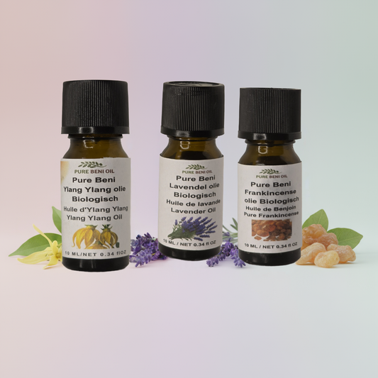 alt="PURE BENI Organic Feminine Harmony Trio essential oils set for hormonal balance and emotional wellness"
