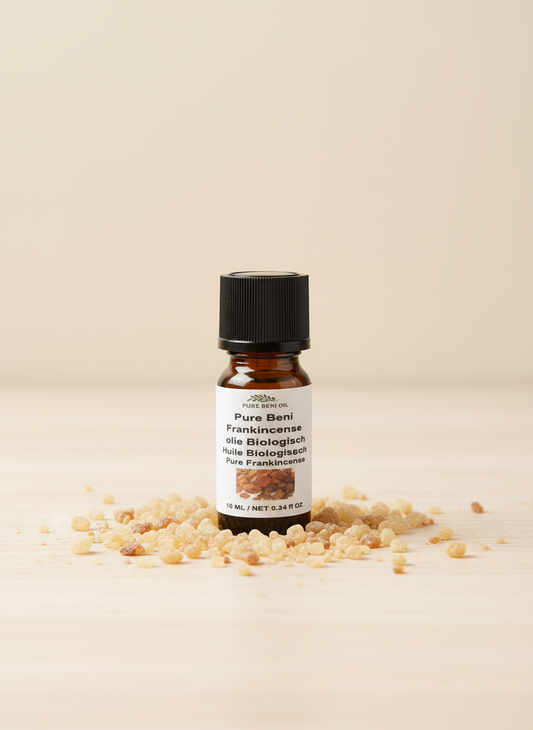 alt="PURE BENI bottle of Organic Frankincense Oil for anti-aging skin care and meditation"