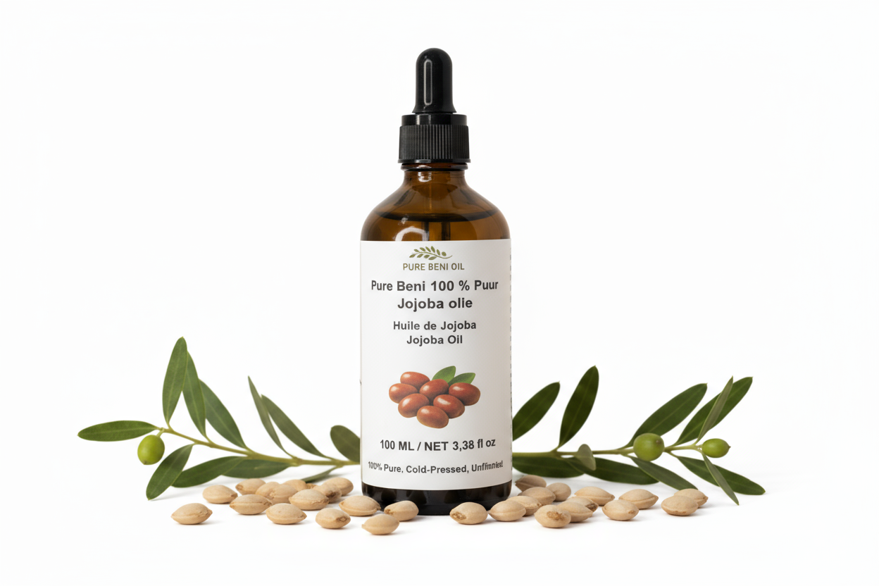 alt="PURE BENI bottle of Organic Jojoba Oil for acne-prone skin and beard conditioning"