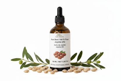 alt="PURE BENI bottle of Organic Jojoba Oil for acne-prone skin and beard conditioning"