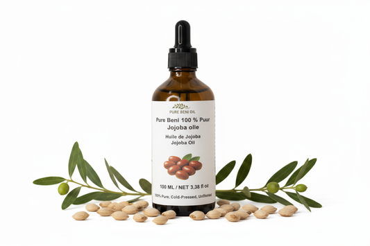 alt="PURE BENI bottle of Organic Jojoba Oil for acne-prone skin and beard conditioning"