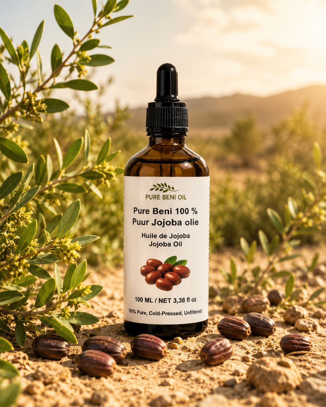 PURE BENI Organic Jojoba Oil bottle displayed in its natural desert environment surrounded by jojoba plants and seeds. Cold-pressed, 100% pure jojoba oil for skin, hair and scalp care.
