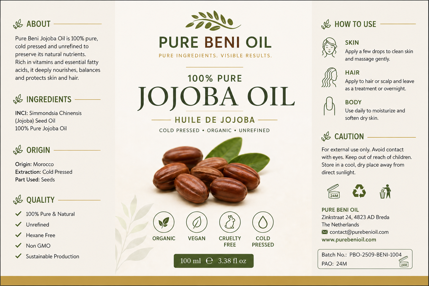 Pure Beni Organic Jojoba Oil 100ml cold pressed unrefined jojoba oil for hair growth, scalp care, skin hydration and natural beauty routines.