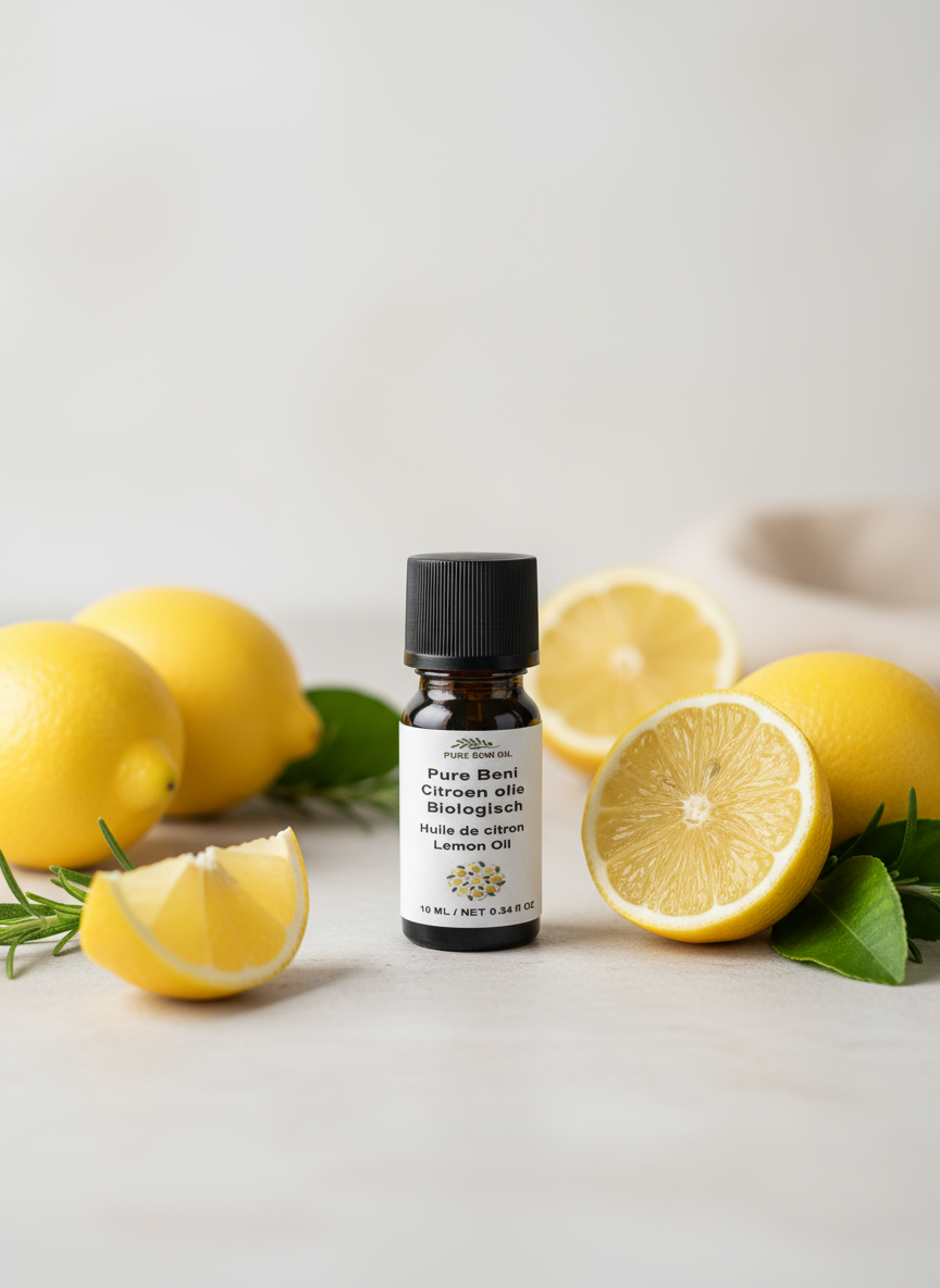 alt="PURE BENI bottle of Organic Lemon Oil for cleaning, energy, and skin brightening"