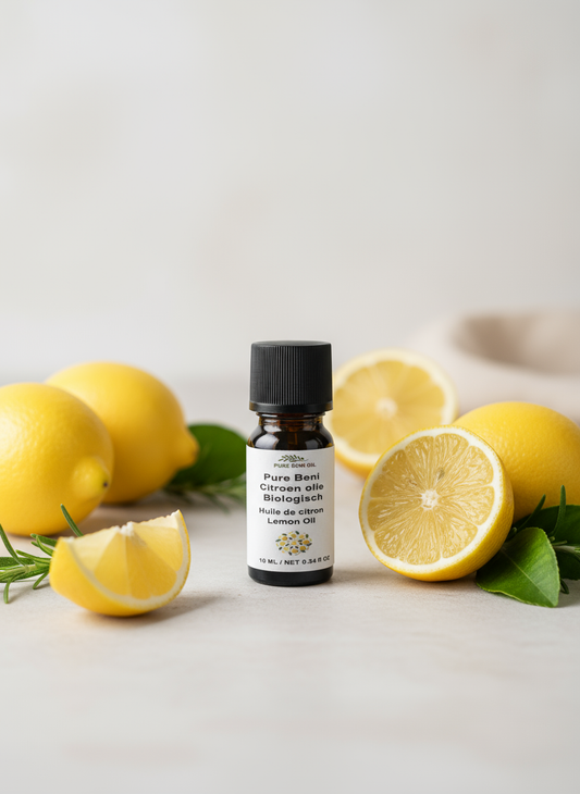 alt="PURE BENI bottle of Organic Lemon Oil for cleaning, energy, and skin brightening"