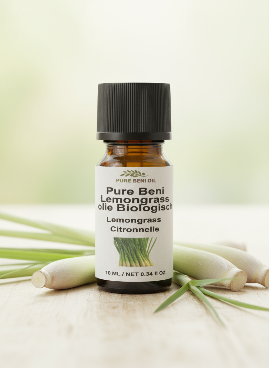 alt:"PURE BENI bottle of Organic Lemongrass Oil for energy, cleansing, and natural insect repellent"