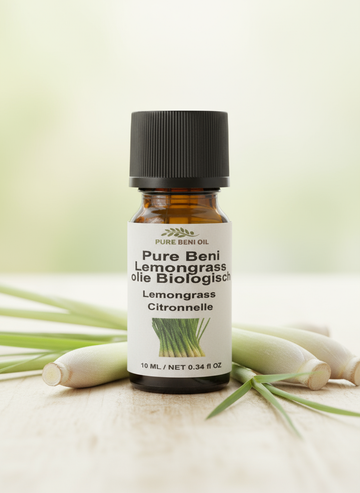 alt:"PURE BENI bottle of Organic Lemongrass Oil for energy, cleansing, and natural insect repellent"