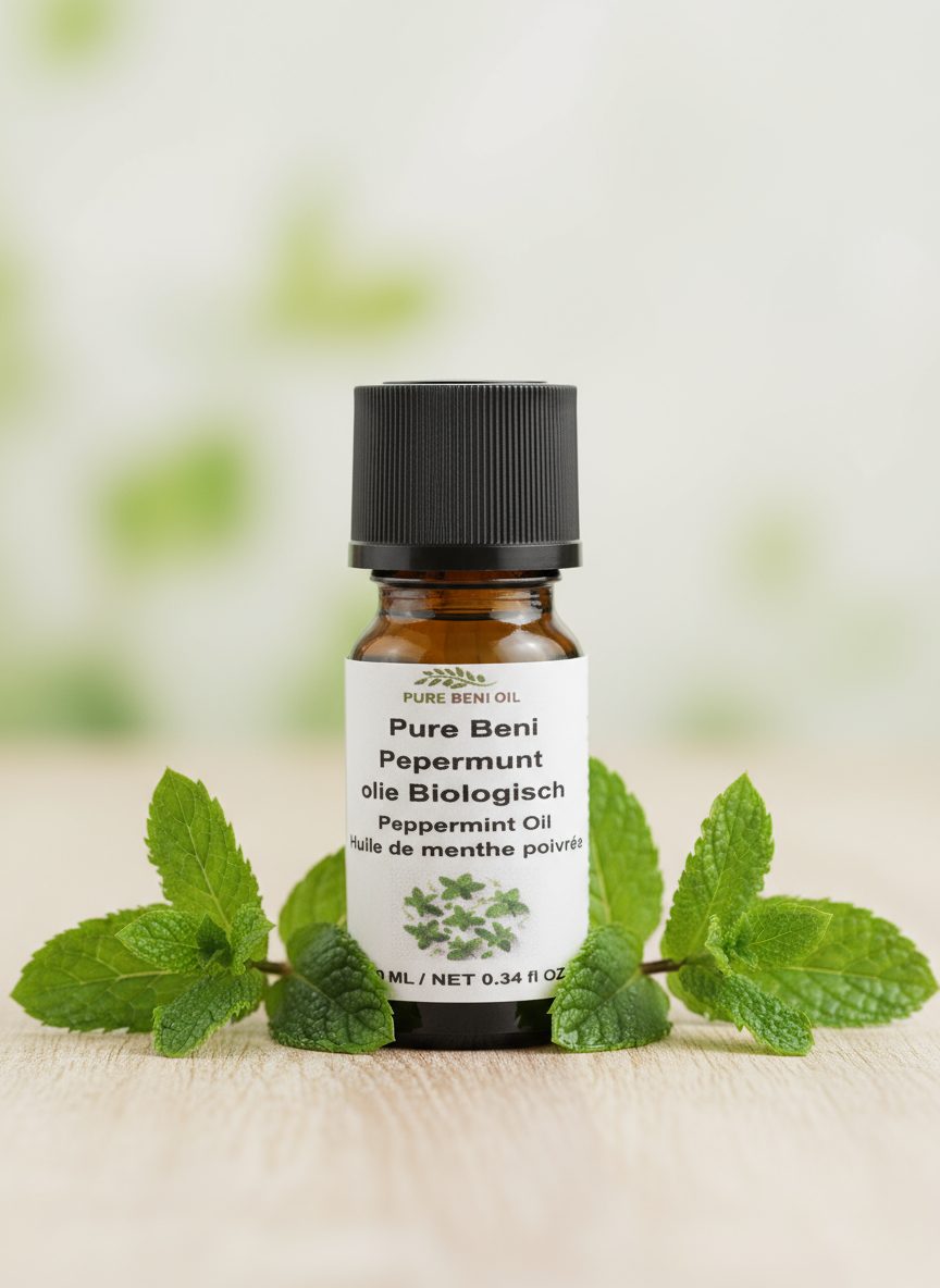 alt="PURE BENI bottle of Organic Peppermint Oil for natural headache relief and focus"