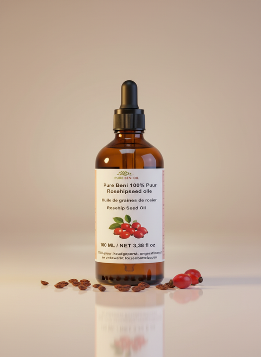alt=PURE BENI organic rosehip seed oil in amber glass bottle for natural skincare and wellness rituals