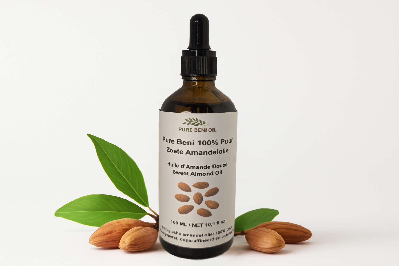 alt="PURE BENI bottle of Organic Sweet Almond Oil for massage and sensitive skin hydration"