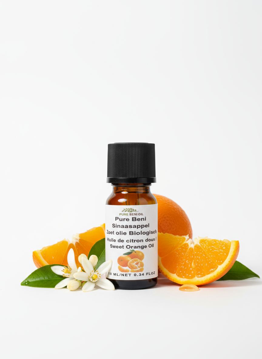 alt="PURE BENI bottle of Organic Sweet Orange Oil for mood uplifting and stress relief"