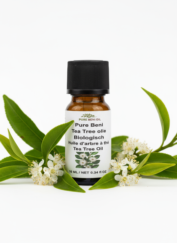 alt="PURE BENI bottle of Organic Tea Tree Oil for acne and scalp purification"