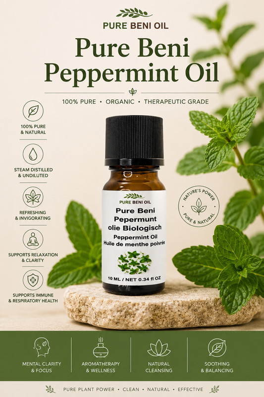 Pure Beni Peppermint Essential Oil bottle with fresh mint leaves for scalp care aromatherapy cooling wellness and natural hair care
