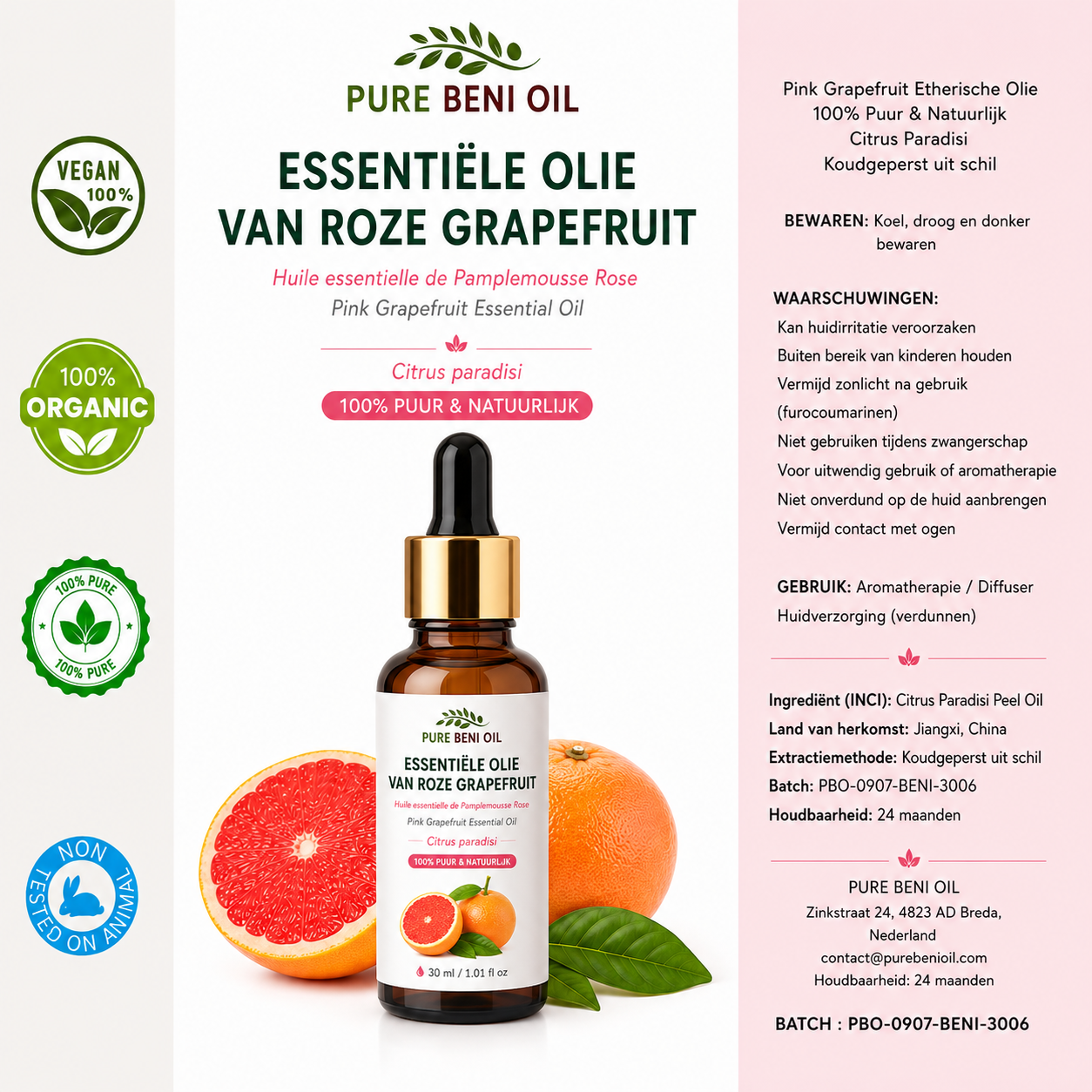 PURE BÉNI Essentiële Olie van Roze Grapefruit — voordelen en productlabel