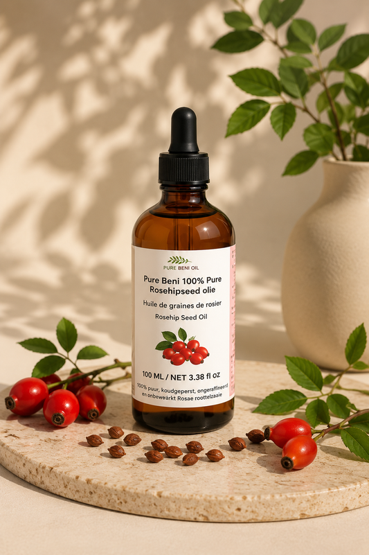 Pure Beni Rosehip Seed Oil 100% pure and cold pressed, natural facial oil rich in antioxidants for skin hydration, regeneration and anti-aging care.