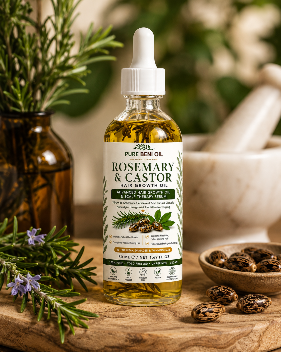 HUILE DE POUSSE DE CHEVEUX AU ROMARIN ET RICIN PURE BÉNI