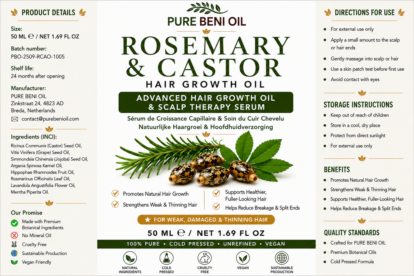 HUILE DE POUSSE DE CHEVEUX AU ROMARIN ET RICIN PURE BÉNI