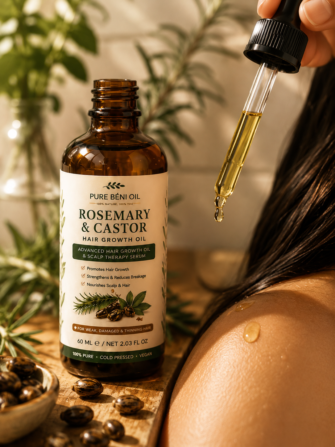 Close-up of PURE BÉNI Rosemary & Castor Hair Growth Oil showing its lightweight botanical texture applied with a dropper to the scalp and hair. 100% natural hair growth oil designed to nourish the scalp, strengthen hair and reduce breakage