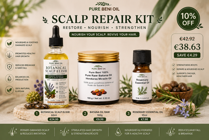 PURE BENI OIL Scalp Repair Kit bundle featuring Botanical Scalp Elixir 60ml, Raw Batana Oil 100g and Rosemary Essential Oil 10ml with 10% discount for damaged scalp, hair loss and healthier hair growth.