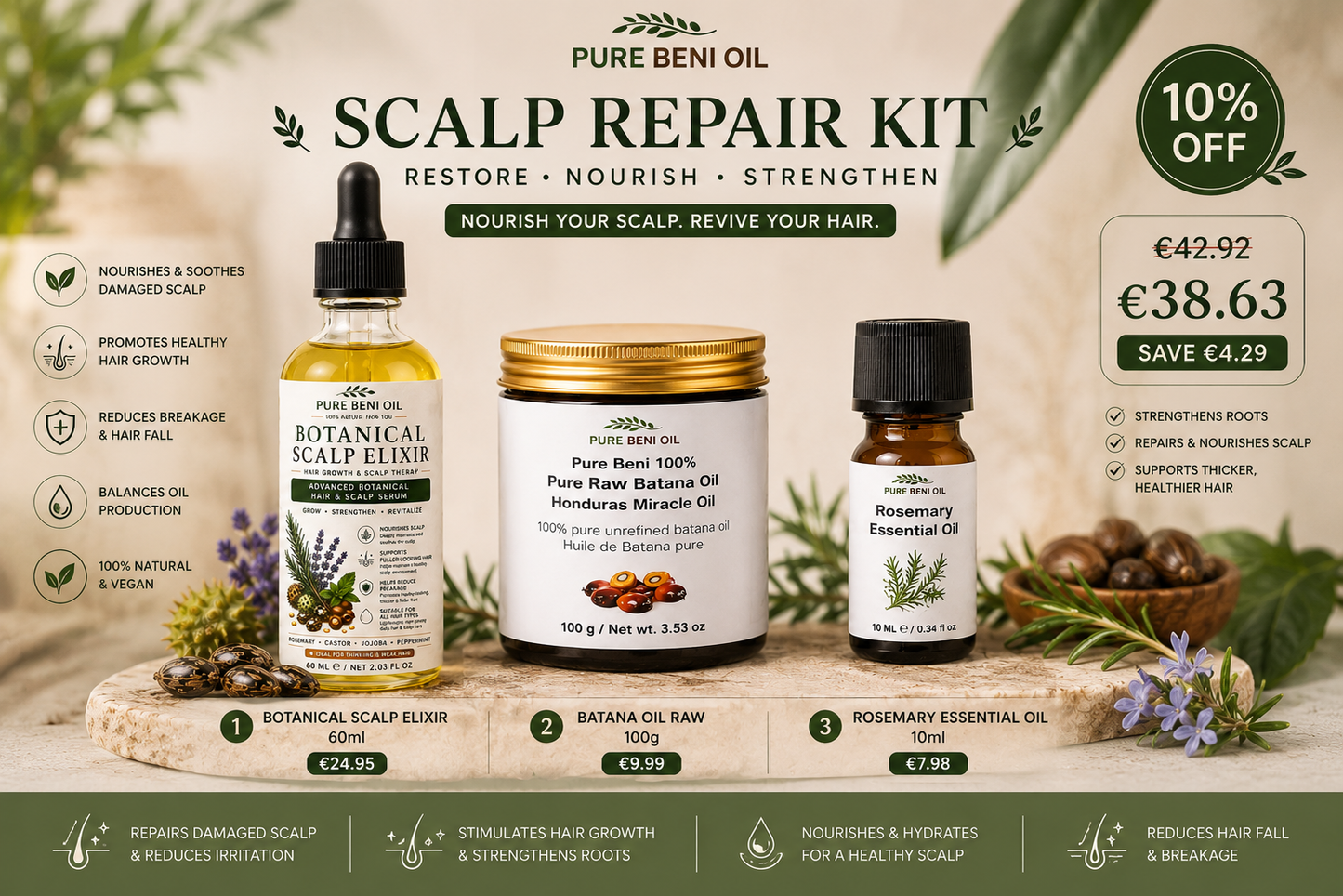 Scalp Repair Kit — Botanical Scalp Elixir + Batana Oil + Rosemary Essential Oil | PURE BÉNI OIL — Save 10%