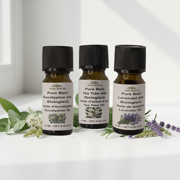 alt="PURE BENI Home Bliss Trio organic essential oils set for air purification and serene ambiance"
