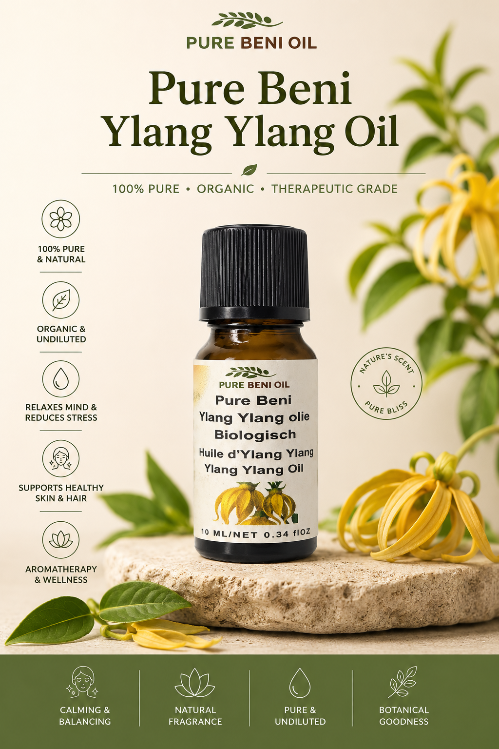 Pure Beni Ylang Ylang Essential Oil bottle for aromatherapy relaxation healthy hair care and natural botanical wellness