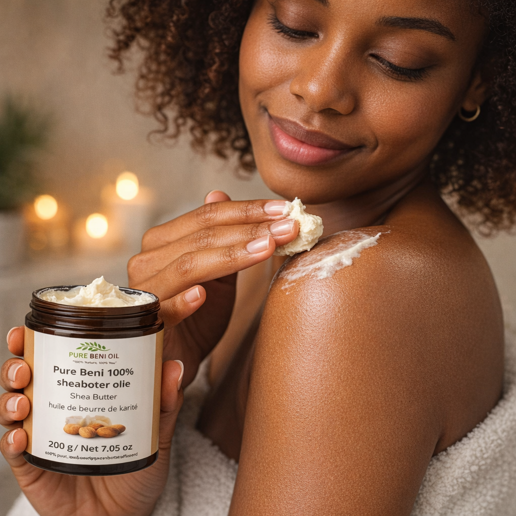 “Pure Beni 100% raw organic shea butter – luxury unrefined body butter for deep skin and hair nourishment – clean beauty ritual.”