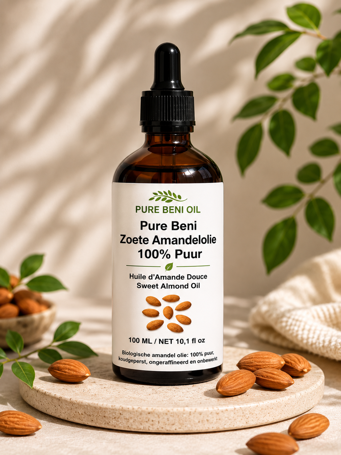 PURE BENI Zoete Amandelolie | Koudgeperste Draagolie voor Huid, Haar & Massage