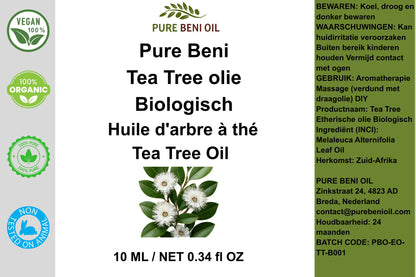 PURE BENI Tea Tree Essential Oil packaging clean avec étiquette visible, huile essentielle d’arbre à thé biologique 100% pure pour aromathérapie, soins de la peau et cuir chevelu.