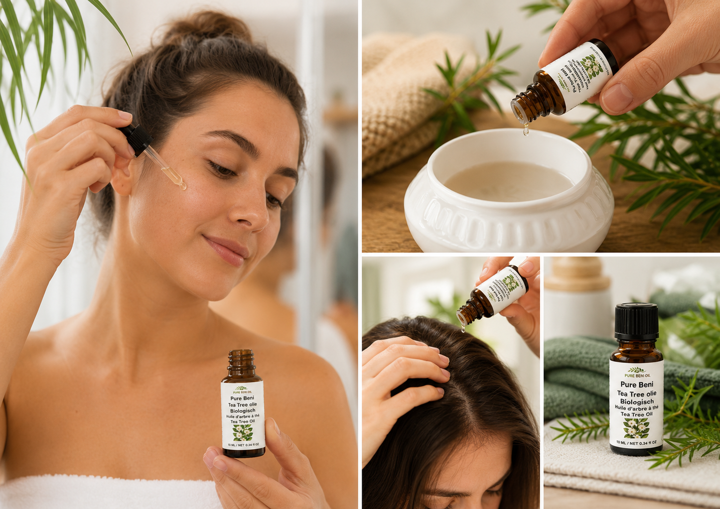 Femme utilisant PURE BENI Tea Tree Essential Oil pour soins du visage, cuir chevelu et aromathérapie dans une ambiance naturelle et organique avec feuilles vertes et spa wellness.
